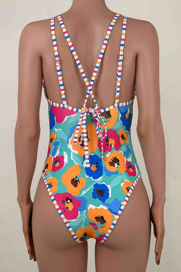 Abstract Boho Floral Striped Plunge Neck Tie Back One Piece Swimsuit