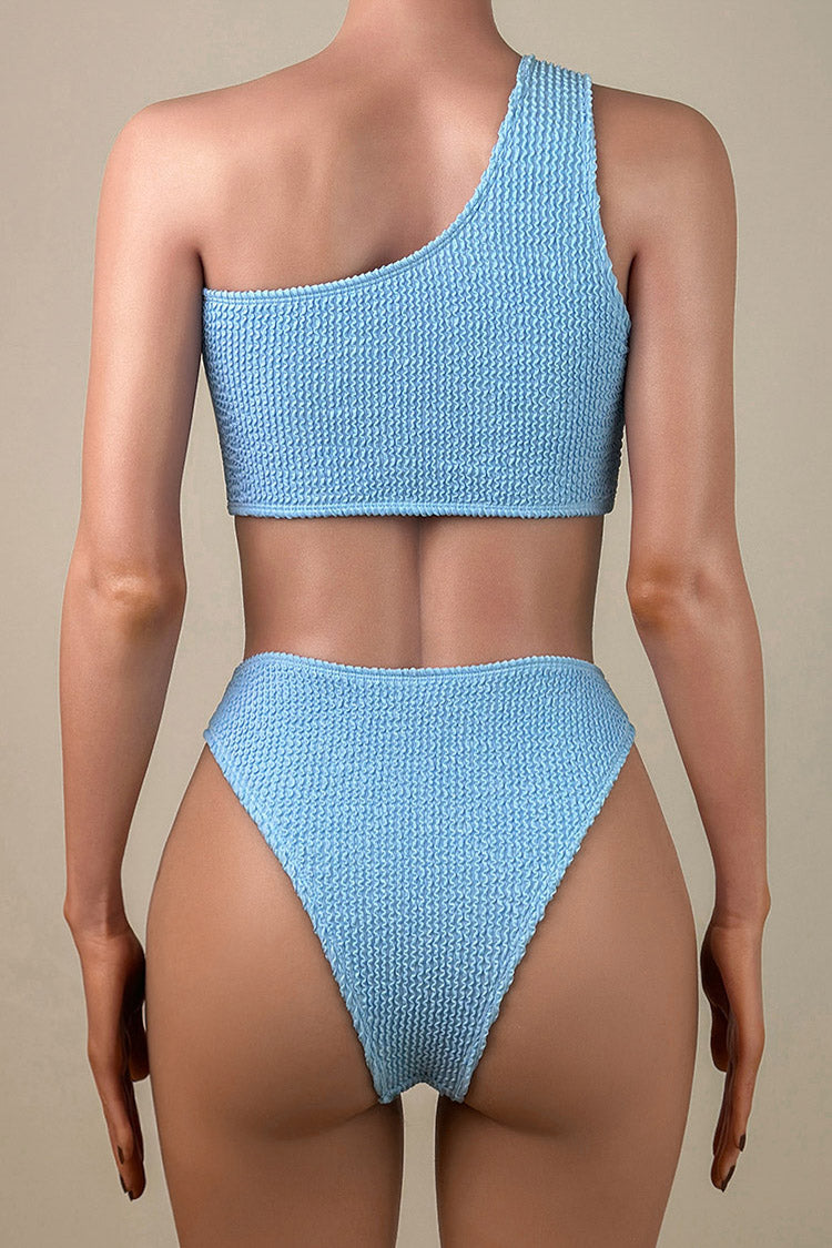 Athletic Crinkled High leg Brazilian Cheeky One Shoulder Bralette Bikini Set