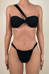 Asymmetric Ruched Brazilian Cheeky One Shoulder Bandeau Bikini Set