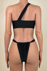 Asymmetric Ruched Brazilian Cheeky One Shoulder Bandeau Bikini Set