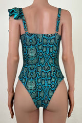 Asymmetrical Ruffle Snake Print Cheeky Underwire One Piece Swimsuit