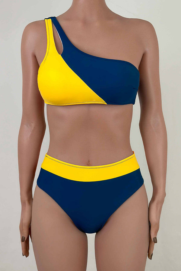 Athletic Contrast Color High Waist Moderate Cutout One Shoulder Bikini Set