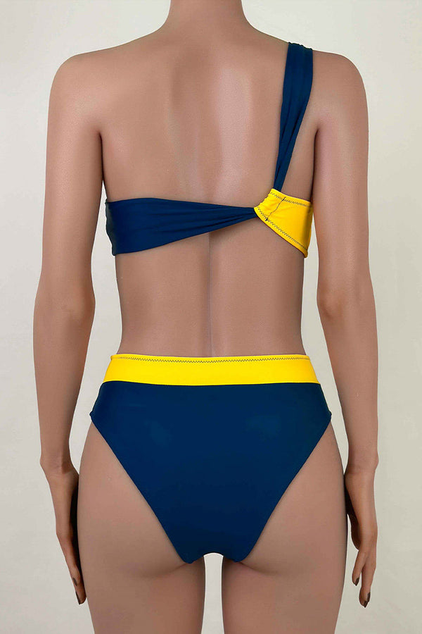 Athletic Contrast Color High Waist Moderate Cutout One Shoulder Bikini Set