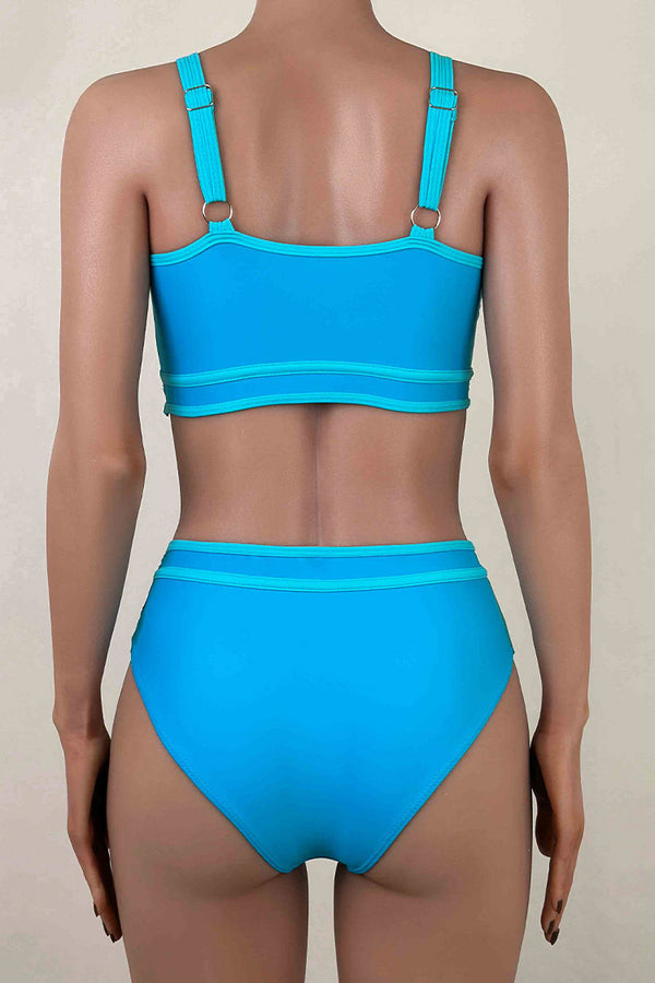 Athletic Contrast Trim High Waist Moderate Crop Bralette Bikini Set