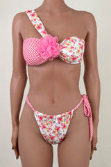 Bloom Rosette Plaid Tie Strap Ruched Cheeky One Shoulder Bikini Set