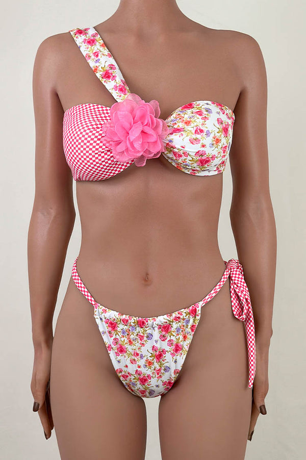 Bloom Rosette Plaid Tie Strap Ruched Cheeky One Shoulder Bikini Set