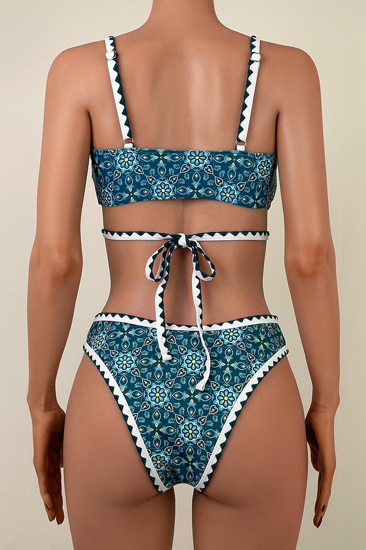 Boho Ethnic Print Brazilian Cheeky Crocheted Strap Triangle Bikini Set