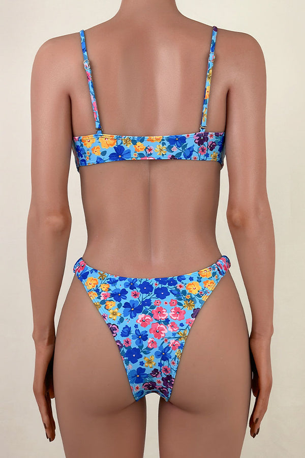 Boho Floral Print Scrunch High Cut Scalloped Notch Bandeau Bikini Set