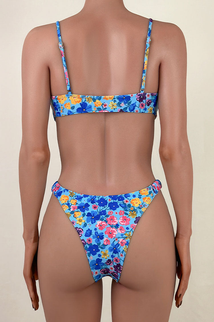 Boho Floral Print Scrunch High Cut Scalloped Notch Bandeau Bikini Set