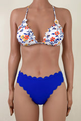 Boho Style Scallop Cheeky Floral Print Cross Lace Up Triangle Bikini Set