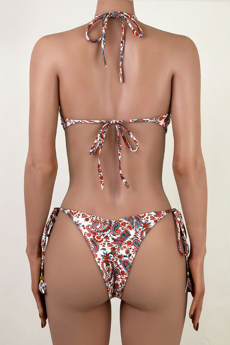 Boho Tie Side Cheeky Scrunch Thong Cutout Halter Bandeau One Piece Swimsuit