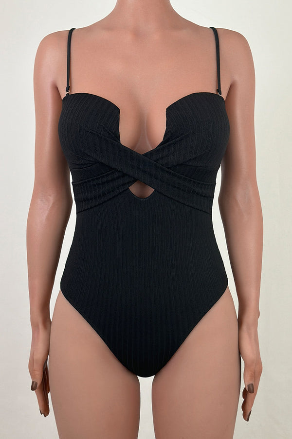 Classic Cross Front Cutout Moderate Ribbed Plunge One Piece Swimsuit