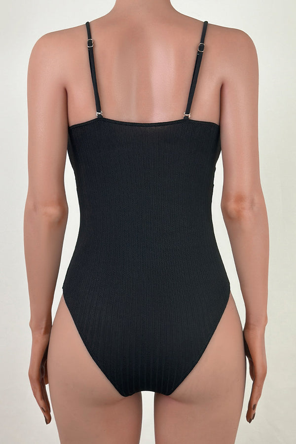 Classic Cross Front Cutout Moderate Ribbed Plunge One Piece Swimsuit