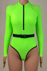 Neon Contrast Belted Zip Up Long Sleeve High Neck Rash Guard One Piece Swimsuit