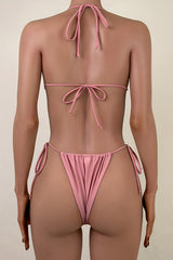 Cute Bow Trim Tie Side Low Rise Ruched Halter Triangle Bikini Set