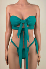 Daring Tie Strap Ruched Brazilian Cheeky Knotted Front Bandeau Bikini Set