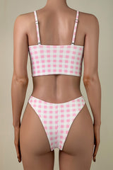 Fresh Two Tone Gingham High Leg Brazilian Cheeky Crop Bralette Bikini Set