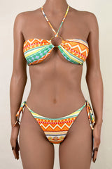 Graphic Boho Print Tie Side Cheeky O Ring Bandeau Halter Bikini Set