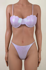 Iridescent Mermaid String Thong Underwire Scallop Bandeau Bikini Set