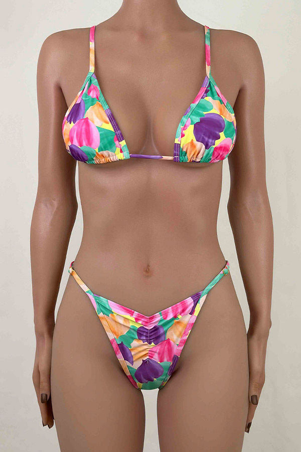 Joyful Abstract Floral Print String Brazilian Scrunch Slide Triangle Bikini Set