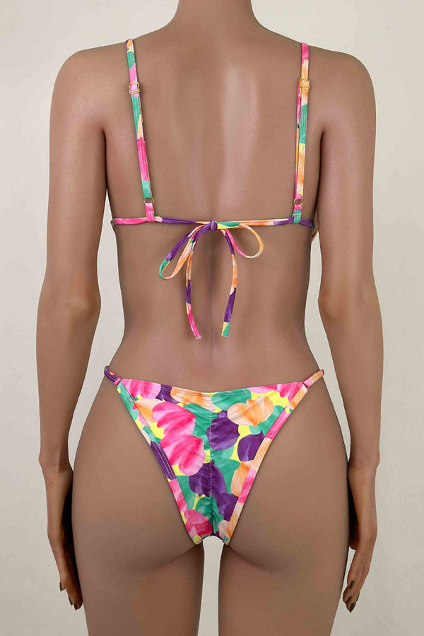 Joyful Abstract Floral Print String Brazilian Scrunch Slide Triangle Bikini Set