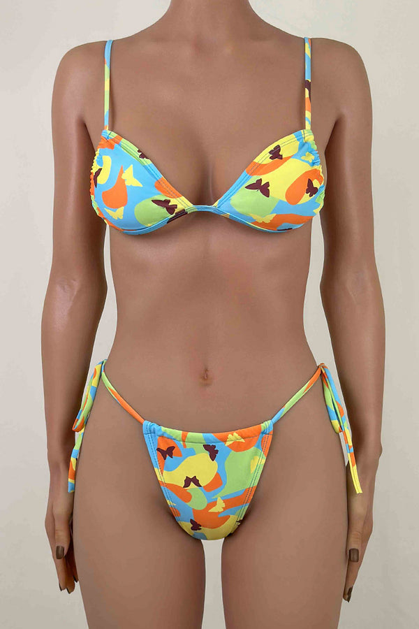 Joyful Abstract Print Tie Side Brazilian Scrunch Slide Triangle Bikini Set