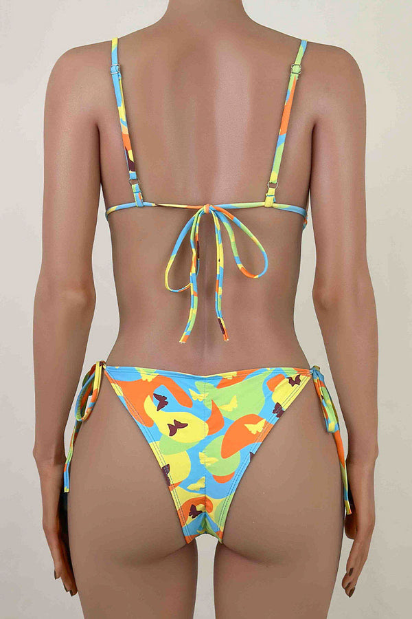 Joyful Abstract Print Tie Side Brazilian Scrunch Slide Triangle Bikini Set