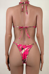 Luxurious Contrast Leopard Print Scrunch Cheeky Halter Triangle Bikini Set