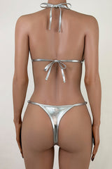 Luxurious Metallic Beaded String Brazilian Thong Slide Triangle Bikini Set