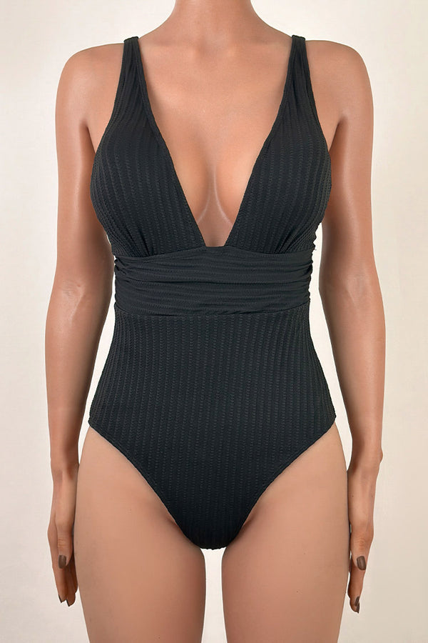 Luxurious Ribbed Moderate Ruched Plunge Neck One Piece Swimsuit