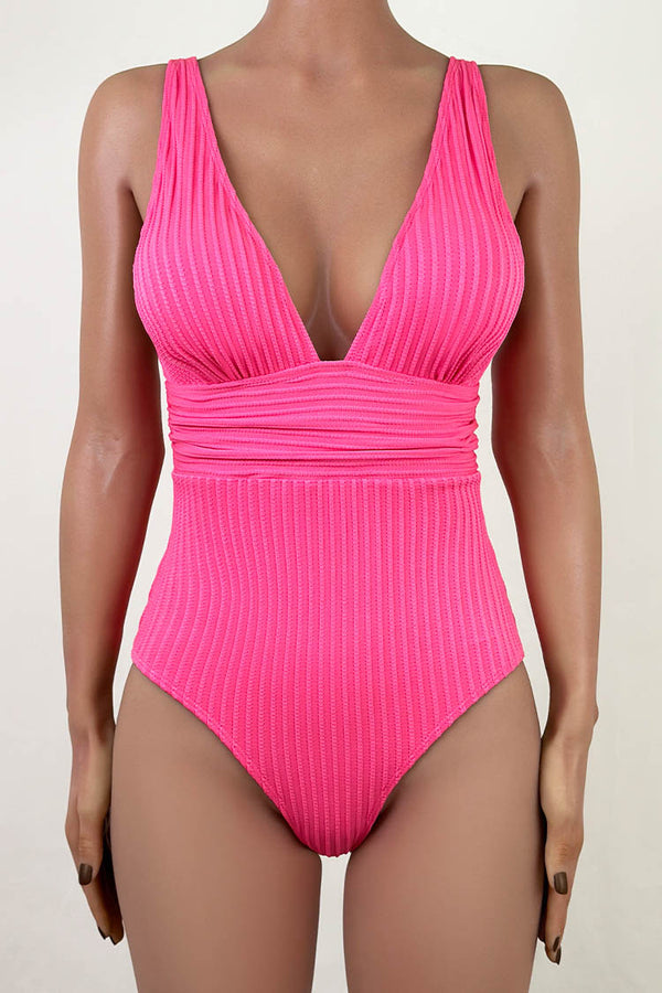 Luxurious Ribbed Moderate Ruched Plunge Neck One Piece Swimsuit