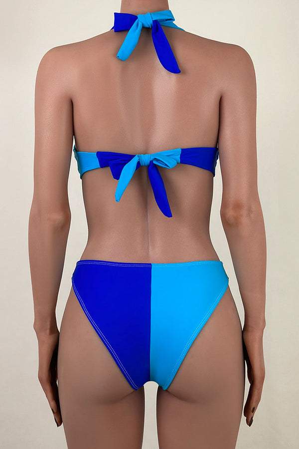 Luxury Contrast Crystal High Cut Halter Monokini One Piece Swimsuit