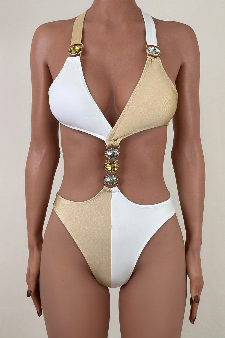 Luxury Contrast Crystal High Cut Halter Monokini One Piece Swimsuit