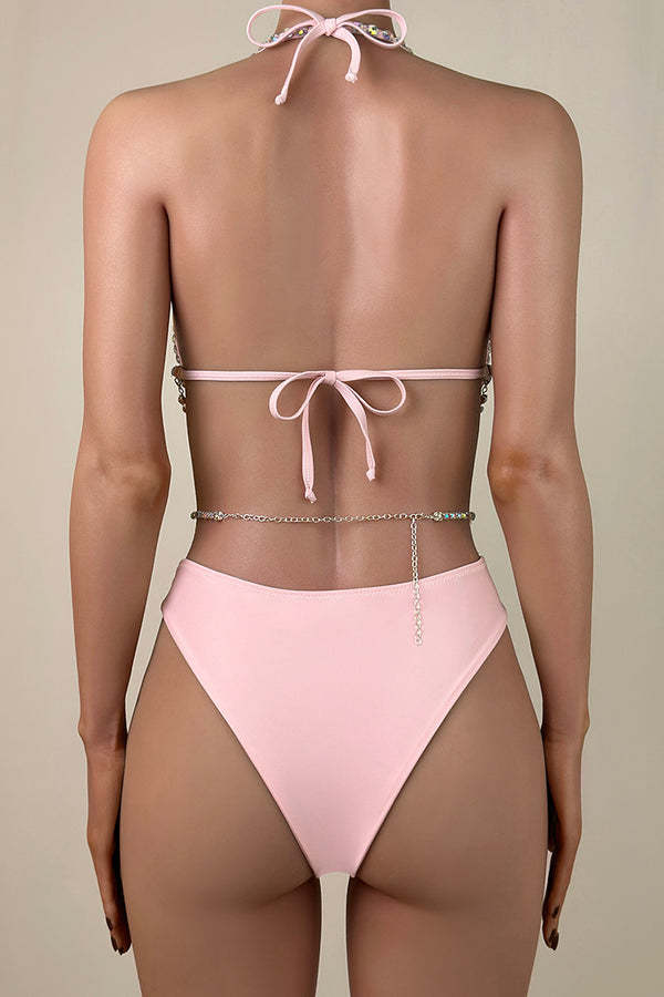 Luxury Crystal Chain Cutout Brazilian Cheeky Tie String Halter Underwire Bikini Set