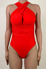 Minimalist Solid Criss Cross Halter Moderate Ruched One Piece Swimsuit