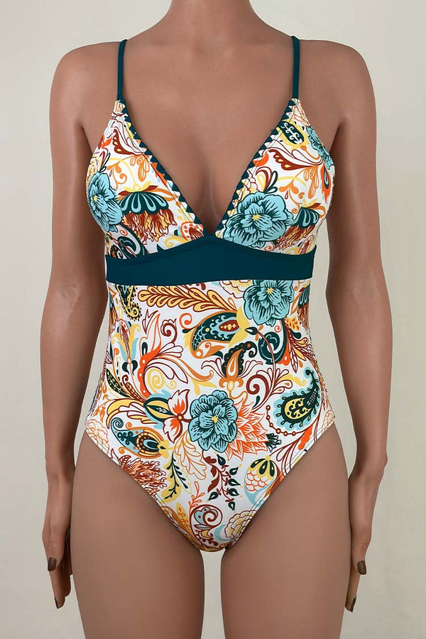 Paisley Boho Floral Crochet Trim V Neck Moderate One Piece Swimsuit