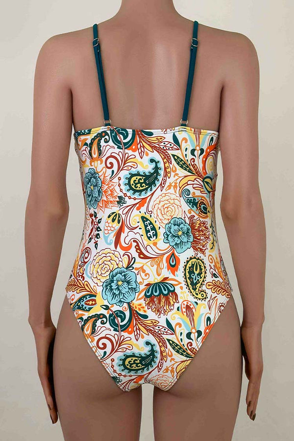 Paisley Boho Floral Crochet Trim V Neck Moderate One Piece Swimsuit