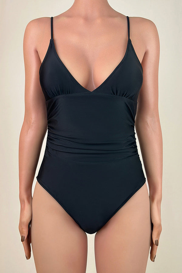 Playful Solid Color Brazilian Cheeky Ruched Trim V Neck Triangle One Piece Swimsuit