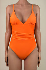 Playful Solid Color Brazilian Cheeky Ruched Trim V Neck Triangle One Piece Swimsuit