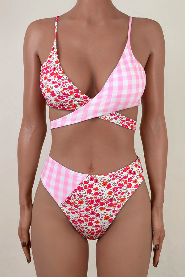 Retro Floral Gingham Print High Waist Brazilian Cheeky Wrap Bikini Set