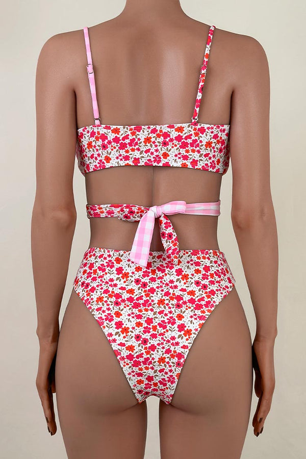 Retro Floral Gingham Print High Waist Brazilian Cheeky Wrap Bikini Set