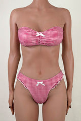 Retro Gingham Print High Leg Ruffle High Leg Bow Bandeau Bikini Set