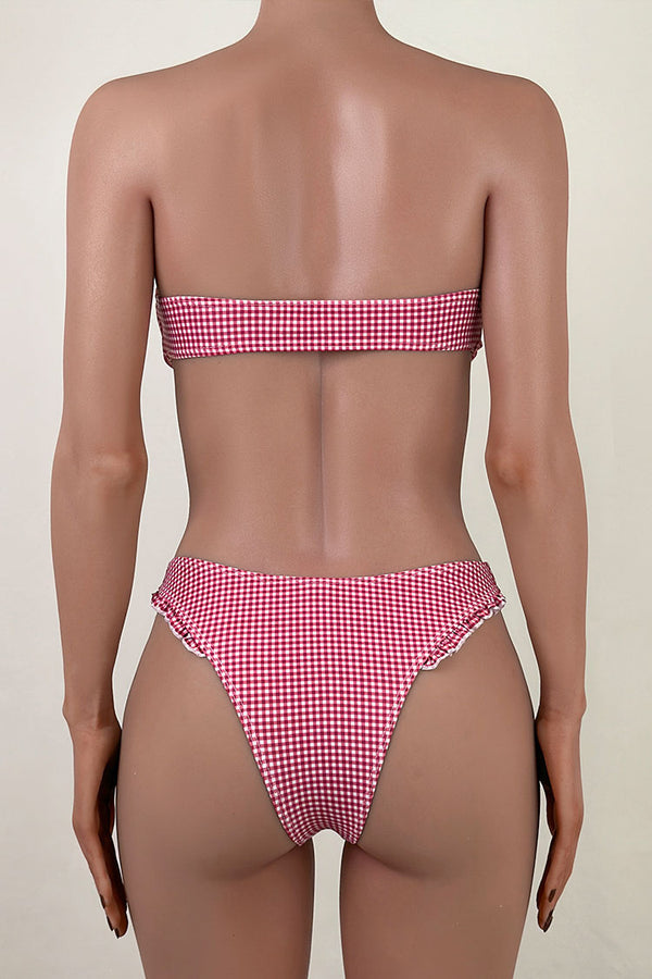 Retro Gingham Print High Leg Ruffle High Leg Bow Bandeau Bikini Set