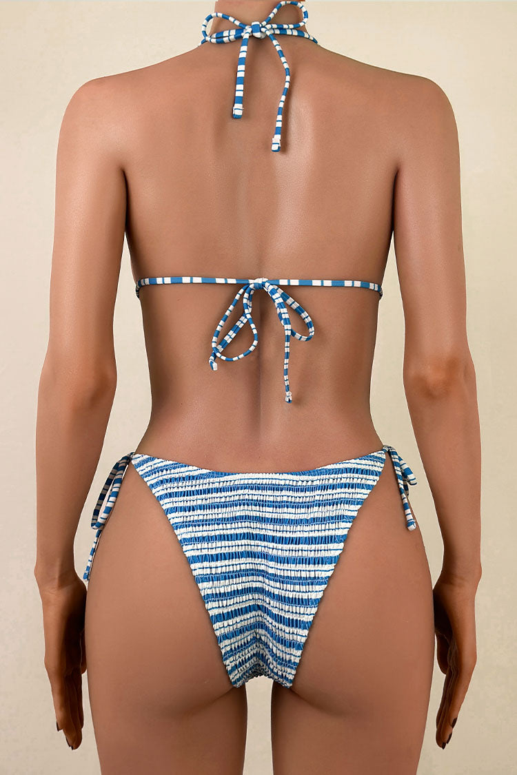 Sexy Bicolor Striped Crinkled Tie Side String Brazilian Cheeky Triangle Bikini Set