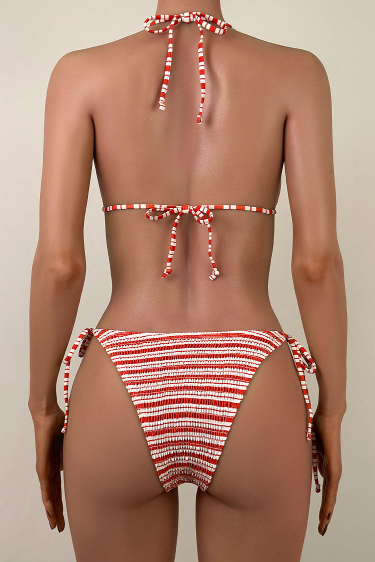 Sexy Bicolor Striped Crinkled Tie Side String Brazilian Cheeky Triangle Bikini Set