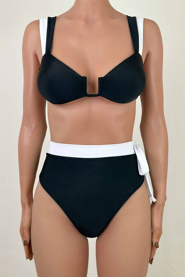 Sexy Contrast Bow Tie High Waist Notch U Wire Ruched Bralette Bikini Set