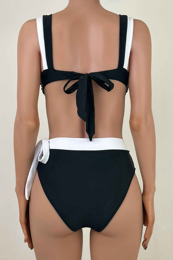 Sexy Contrast Bow Tie High Waist Notch U Wire Ruched Bralette Bikini Set