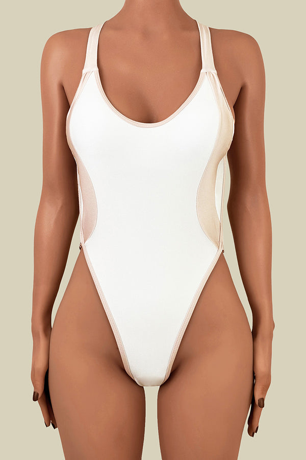 Sexy Contrast Cross Low Back High Cut Brazilian Cheeky One Piece Swimsuit