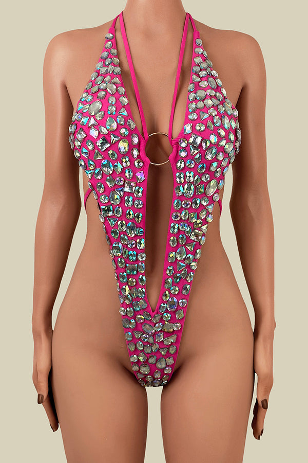 Sexy Diamond Deep V Halter O Ring Brazilian Scrunch One Piece Swimsuit