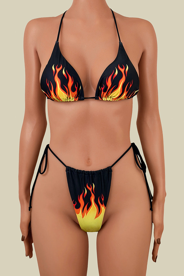 Sexy Fire Print Tie String Brazilian Cheeky Halter Triangle Bikini Set